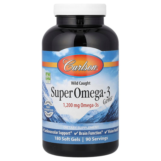 Carlson Super Omega‑3 frasco delantero mostrando etiqueta y beneficios visibles