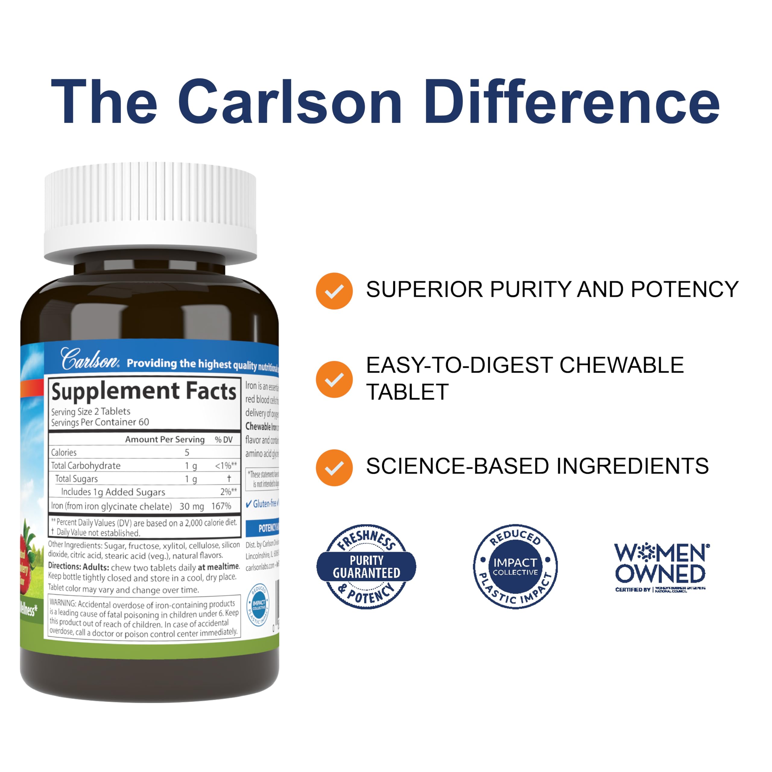 Carlson varias tabletas masticables en superficie, fácil dosificación visible