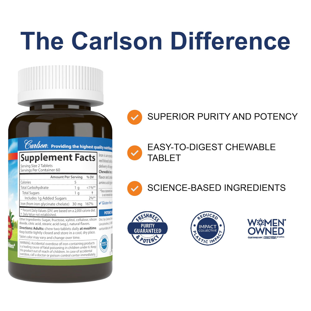 Carlson varias tabletas masticables en superficie, fácil dosificación visible