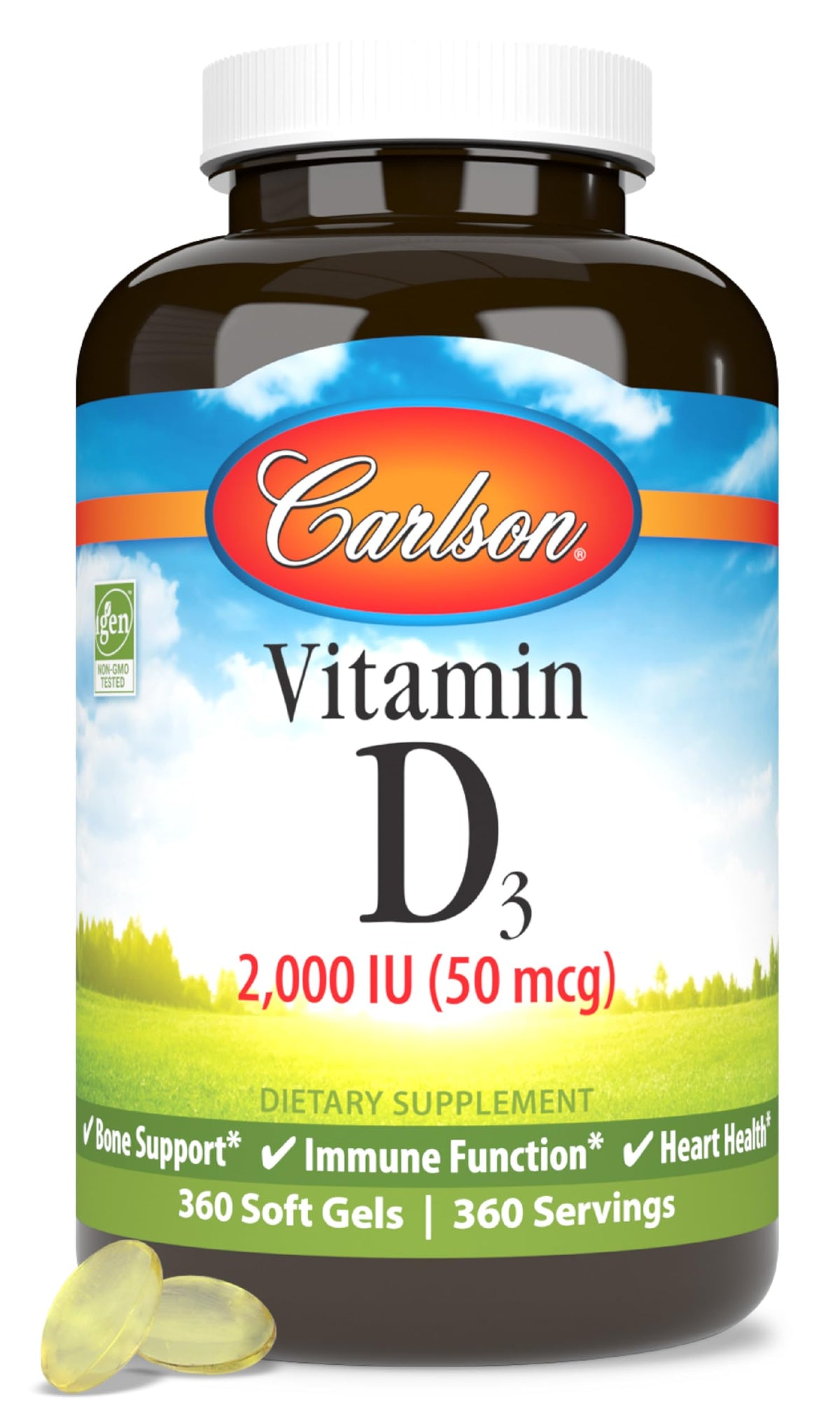 Carlson envase frontal mostrando 360 softgels, conveniente para abastecimiento