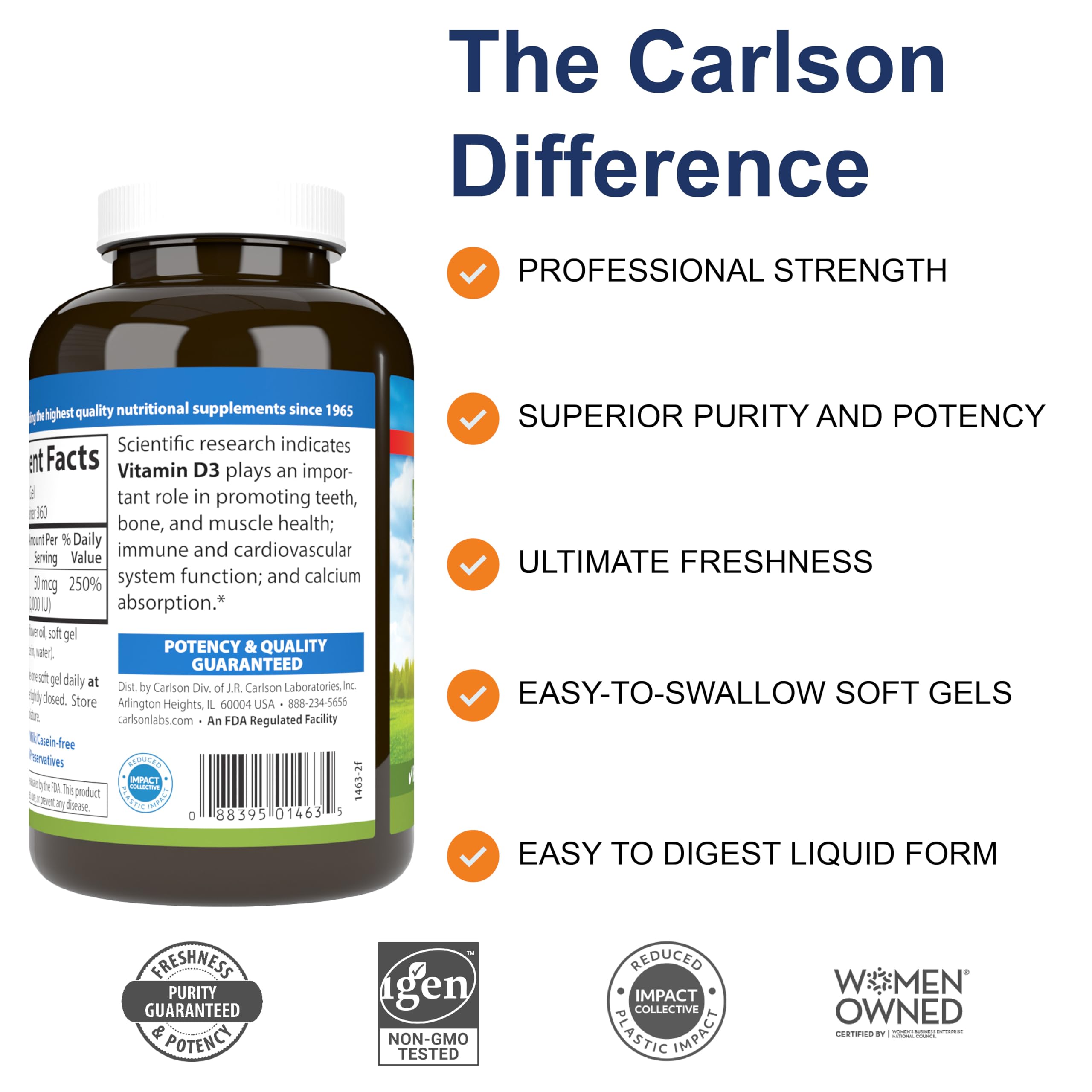 Carlson cápsula softgel en primer plano, fácil de tragar y sin sabor fuerte