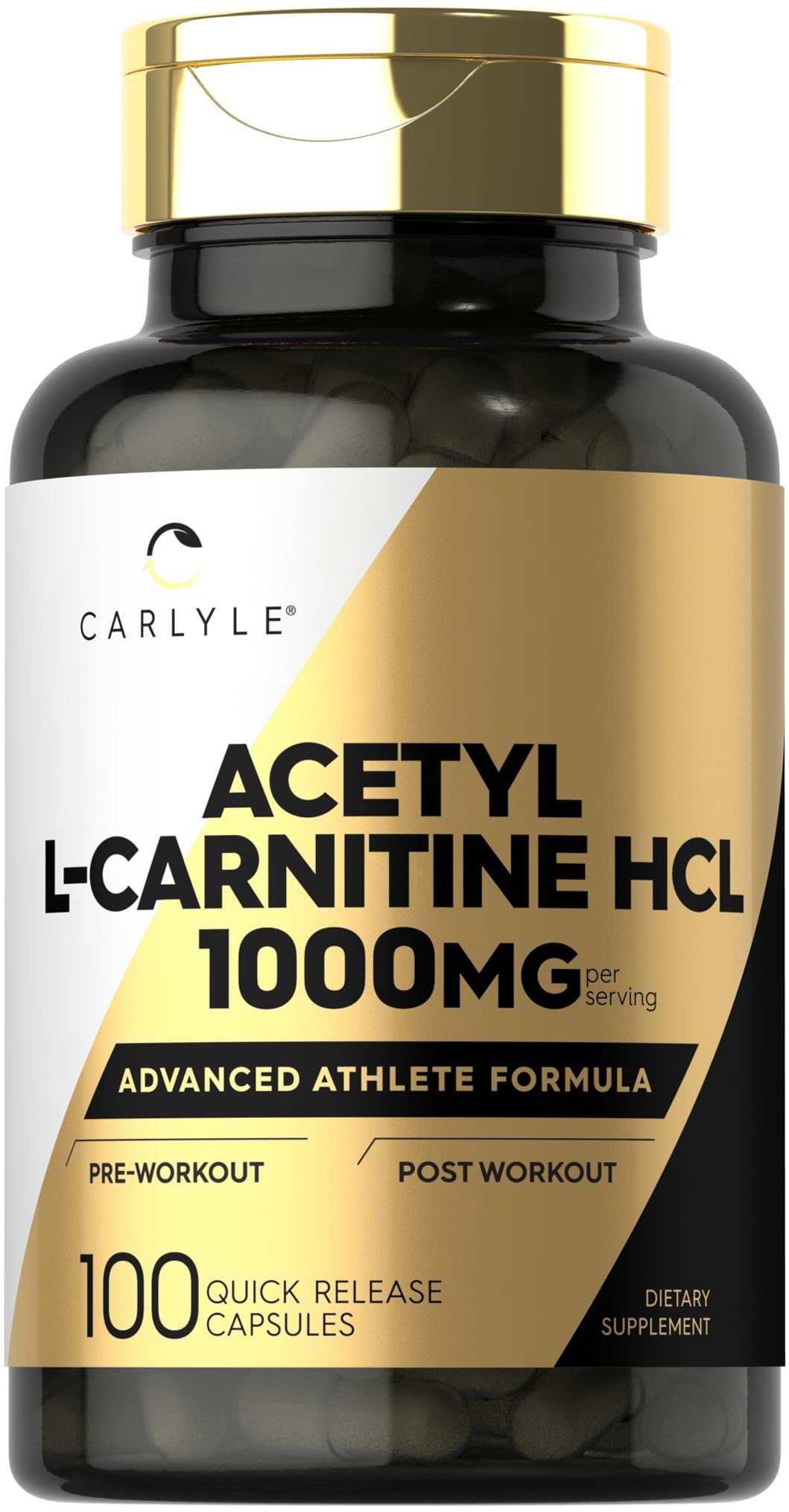 Carlyle bote frontal mostrando etiqueta y 100 cápsulas, transmite confianza