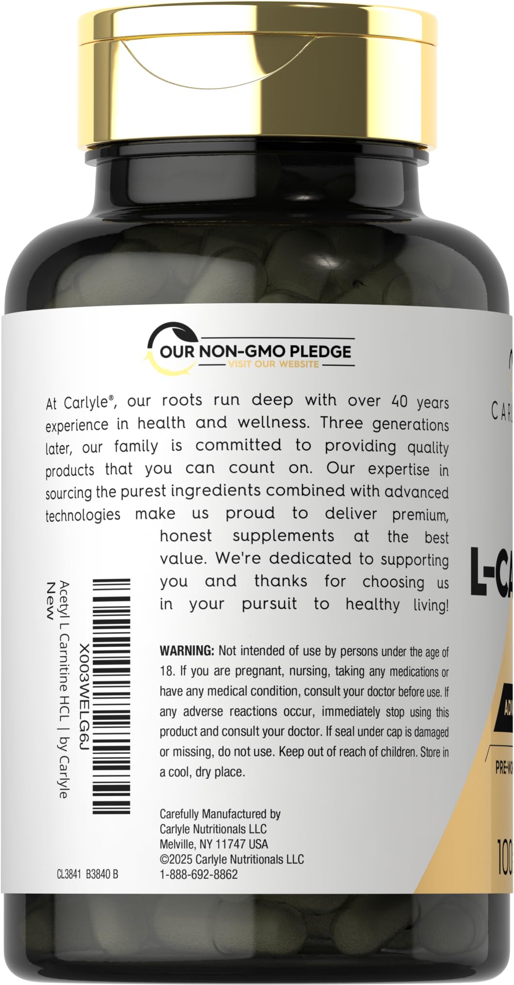 Carlyle polvo de Acetyl L-Carnitine en close-up mostrando textura fina