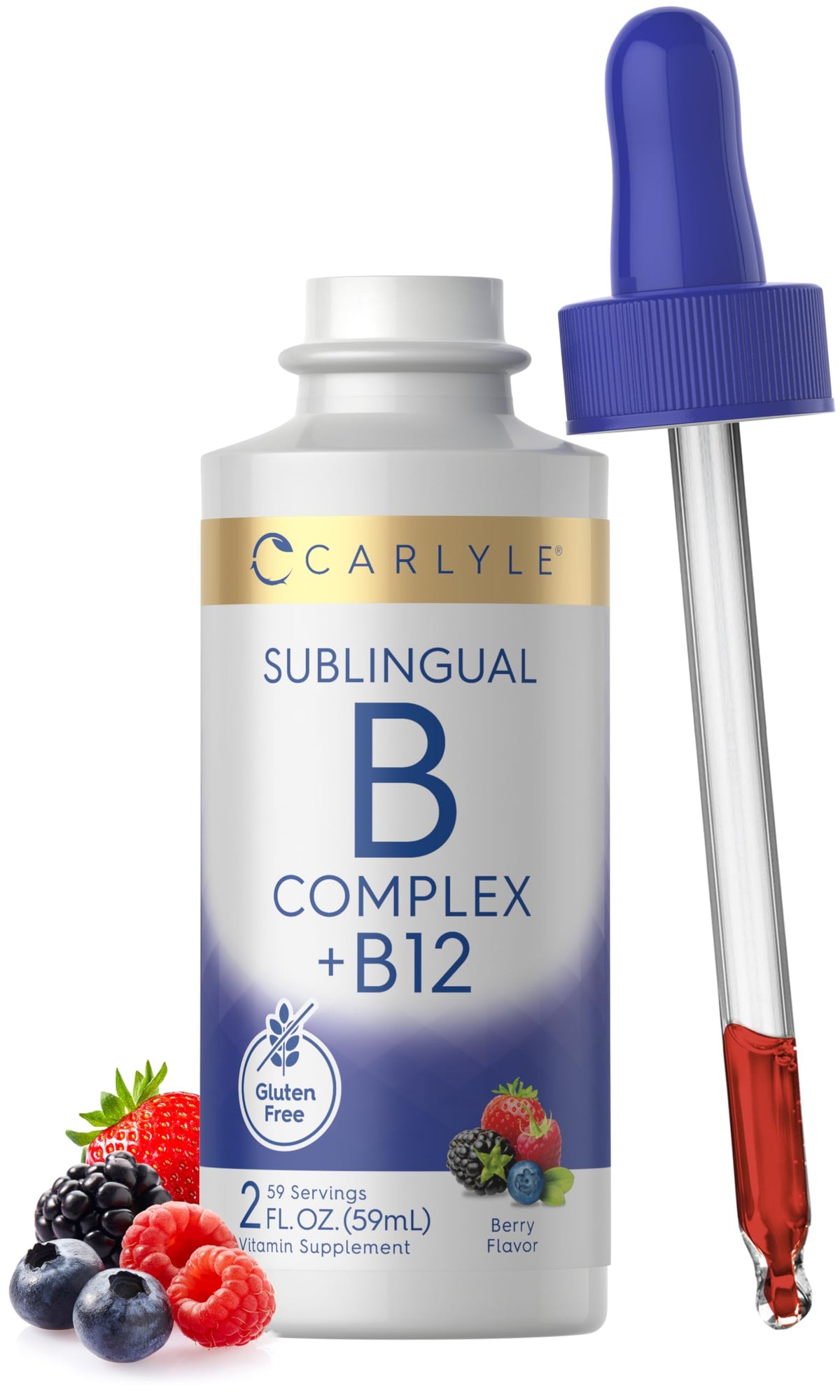 Carlyle botella frontal mostrando etiqueta y beneficio de vitaminas B