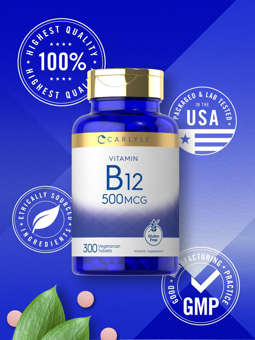 Carlyle vit B-12 envase abierto con 300 tabletas para suministro prolongado