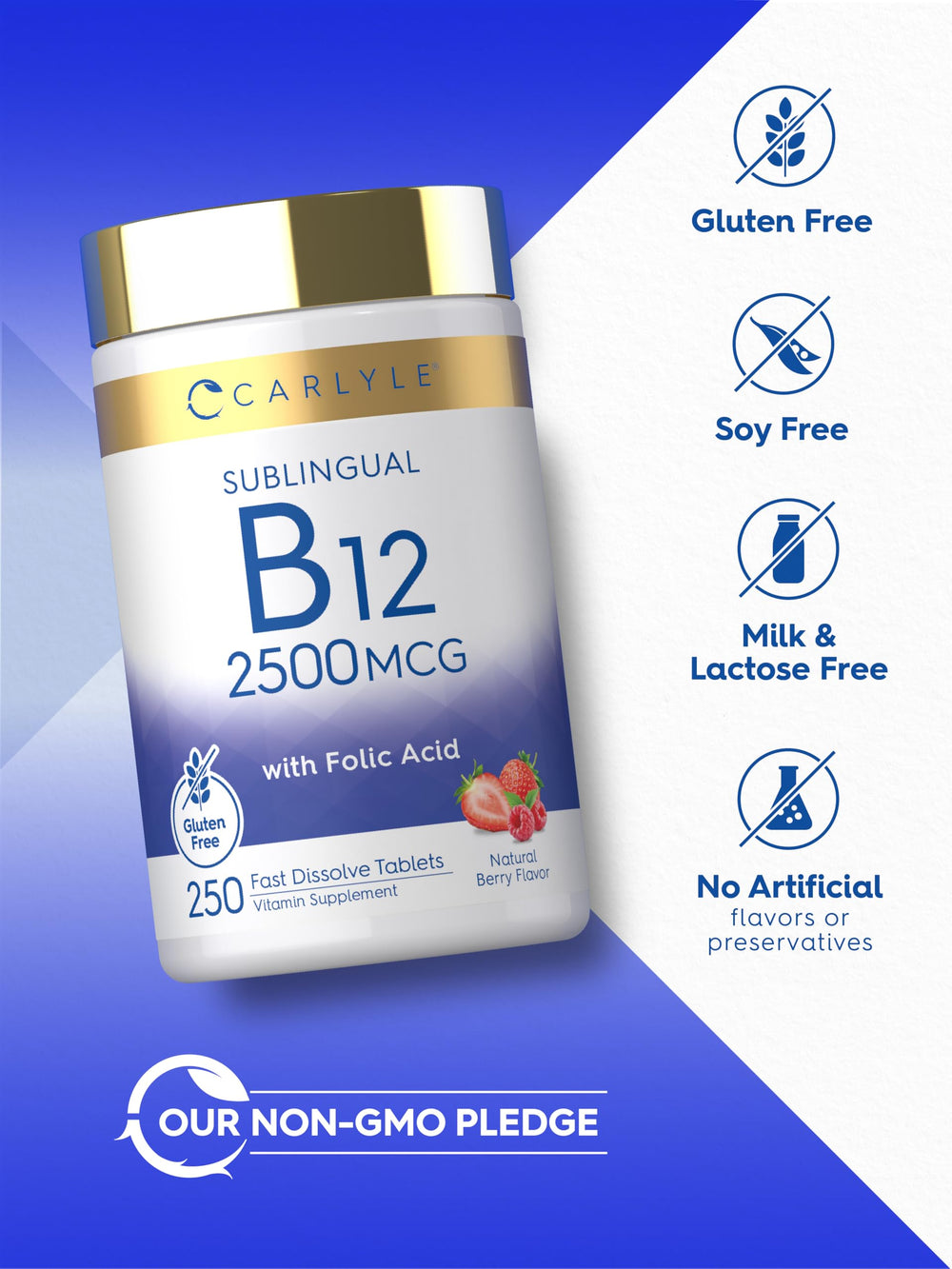 Carlyle etiqueta con ingredientes y pruebas de laboratorio visibles