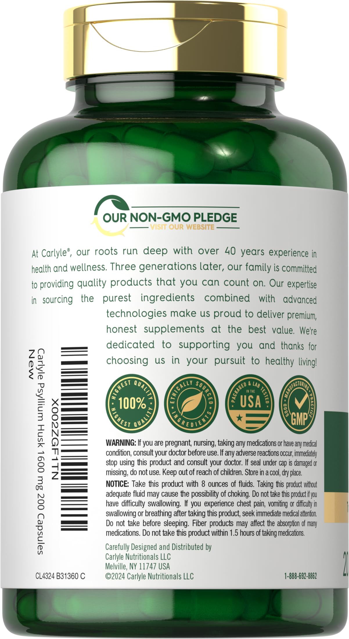Carlyle cápsula abierta con polvo de psyllium, pureza visible
