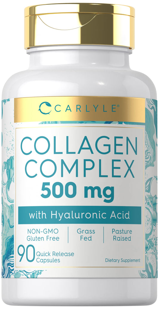 Carlyle colágeno hialurónico 500mg en botella de 90 cápsulas para piel saludable