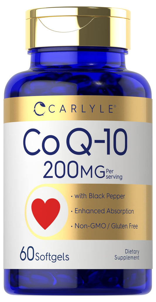 Carlyle CoQ10 200 mg, botella de 60 cápsulas para uso diario.