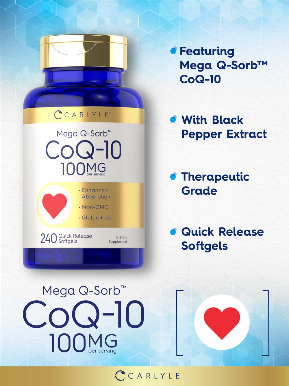 Envase abierto de Carlyle con softgels visibles y ventaja de cantidad para meses de uso