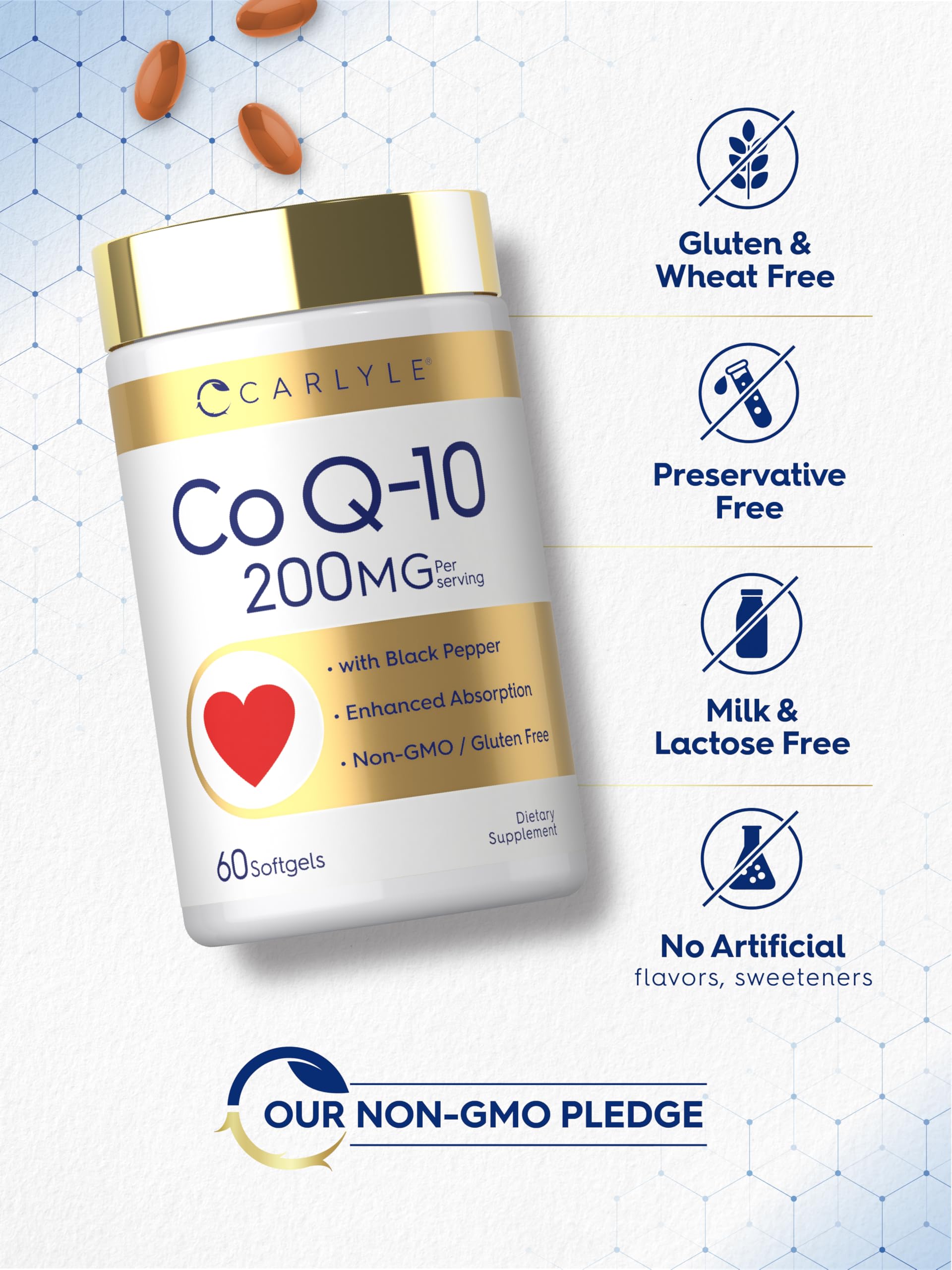 Carlyle etiqueta con información de CoQ10 200mg y piperina 95%
