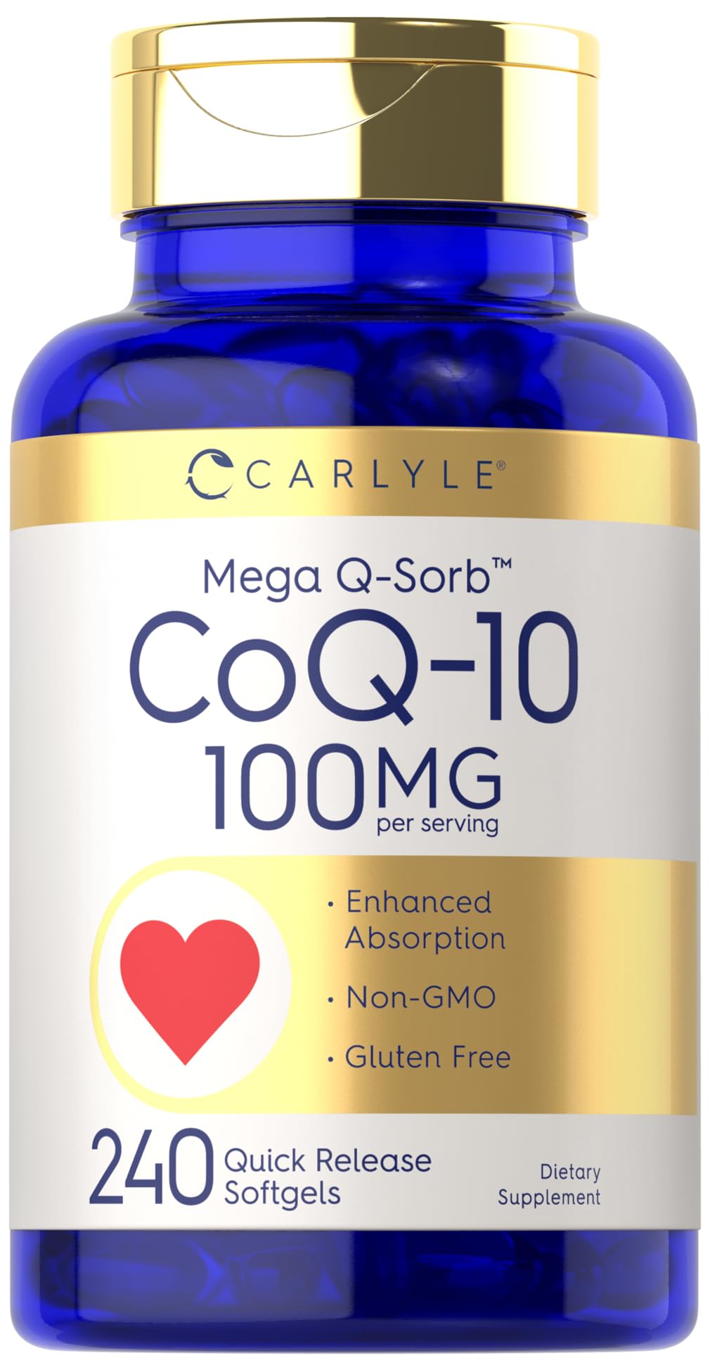 Carlyle frasco frontal del producto que muestra 240 softgels y beneficio de suministro prolongado