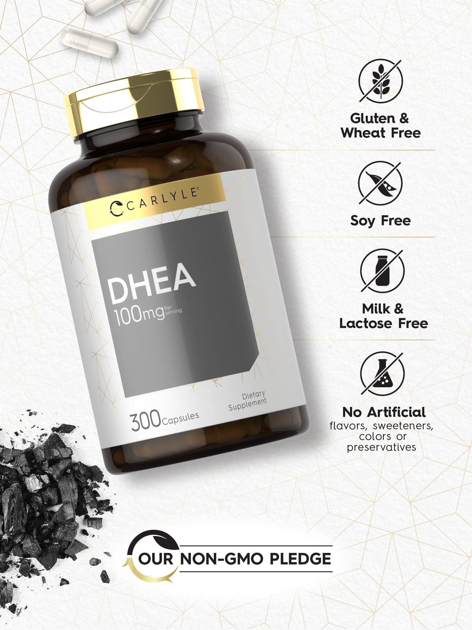 Carlyle etiqueta nutricional legible que muestra 100 mg por cápsula y lista de ingredientes