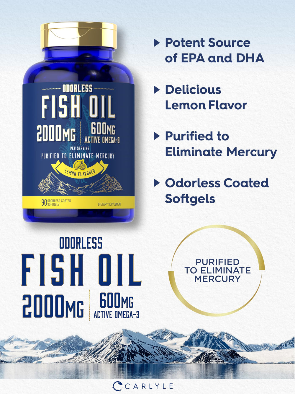 Carlyle envase abierto con etiqueta legible que destaca omega‑3 600 mg