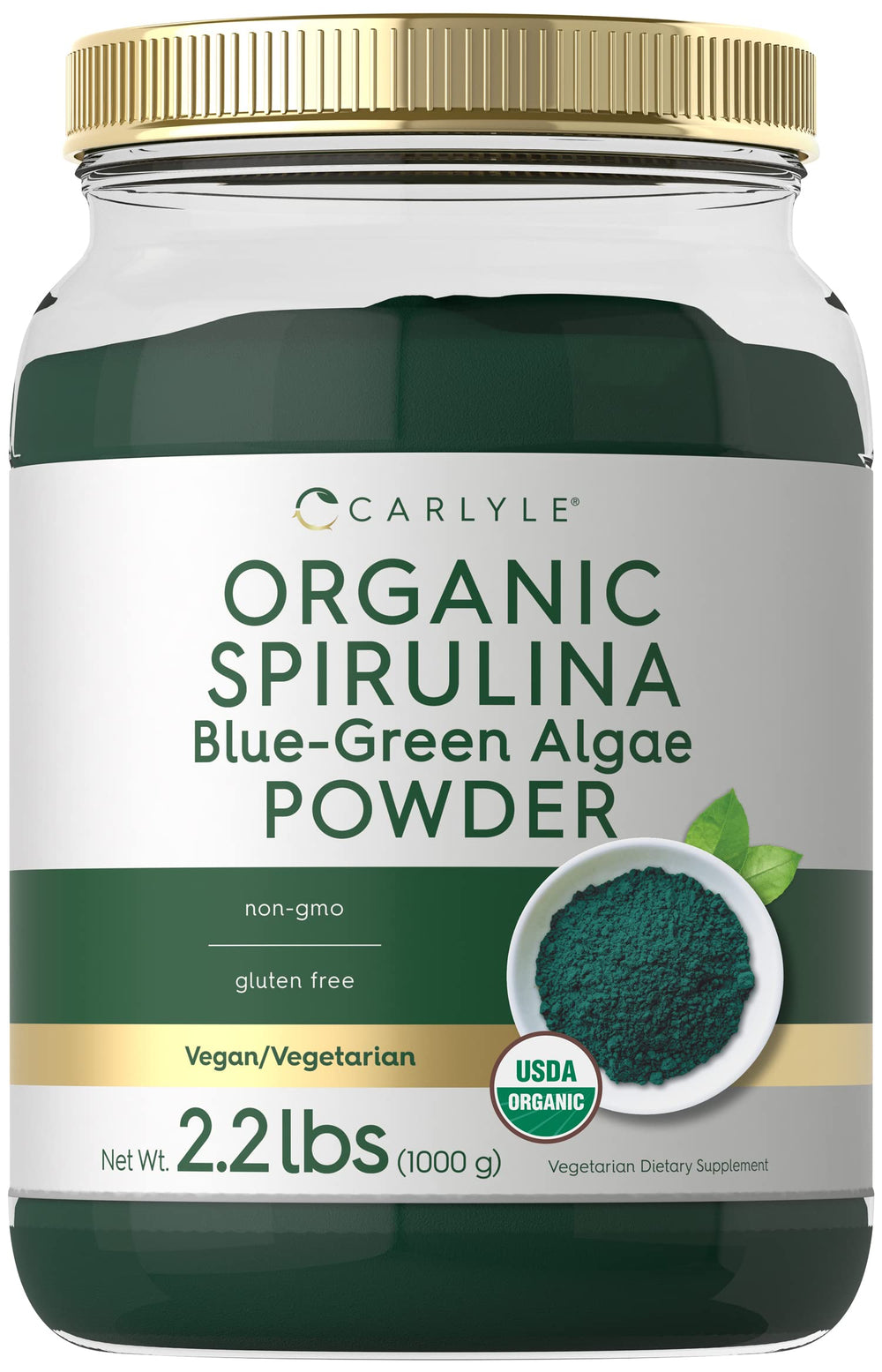 Carlyle envase frontal de spirulina orgánica mostrando presentación y marca