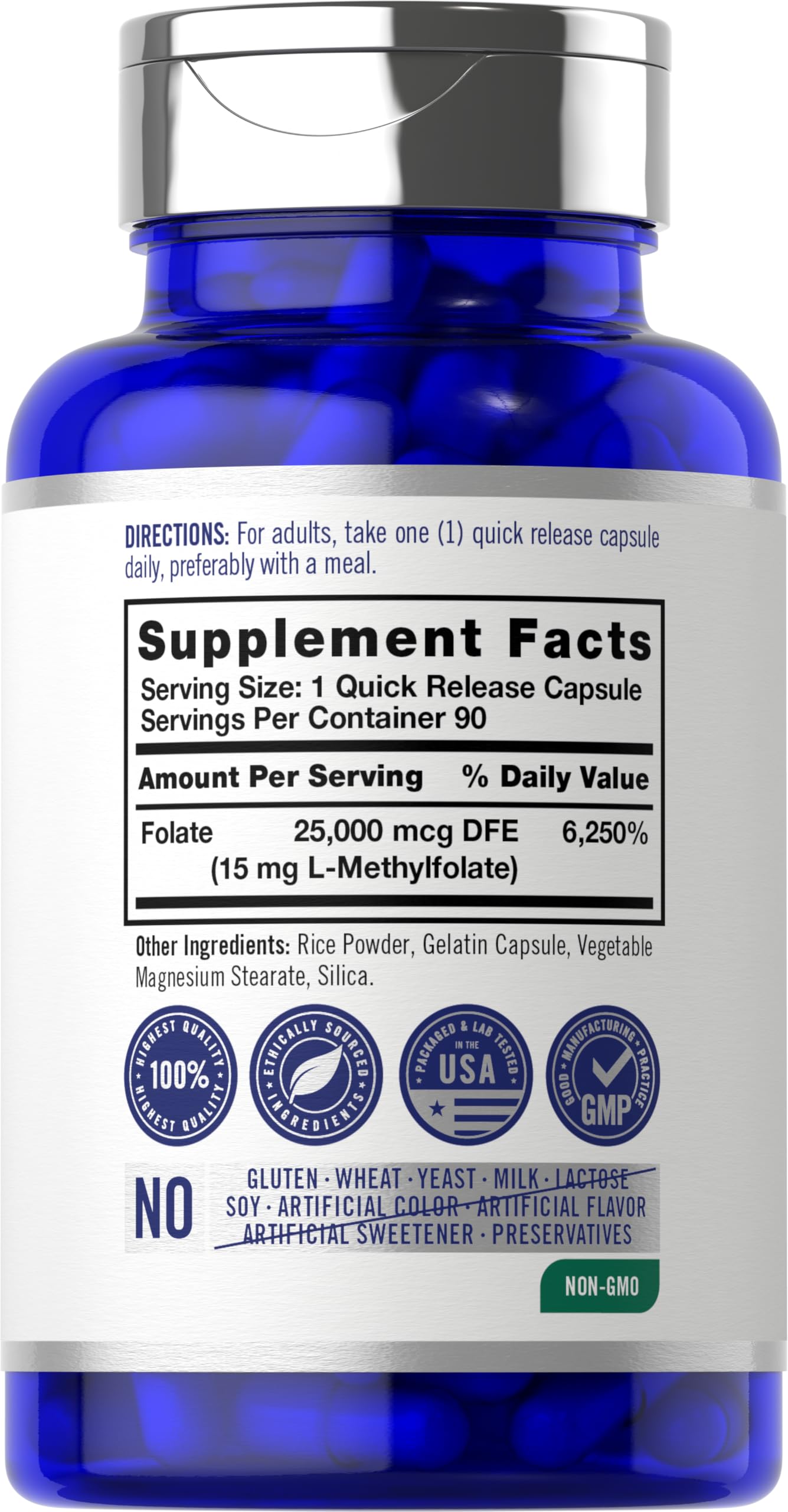 Carlyle etiqueta con información de 15 mg L-metilfolato y sin alérgenos, claridad informativa