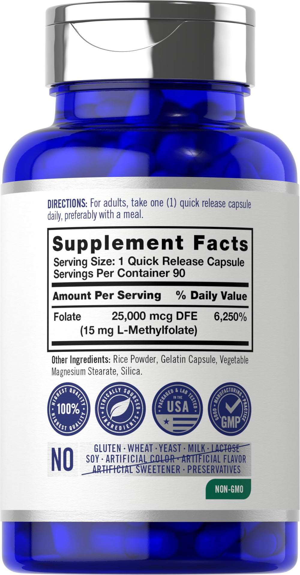 Carlyle etiqueta con información de 15 mg L-metilfolato y sin alérgenos, claridad informativa