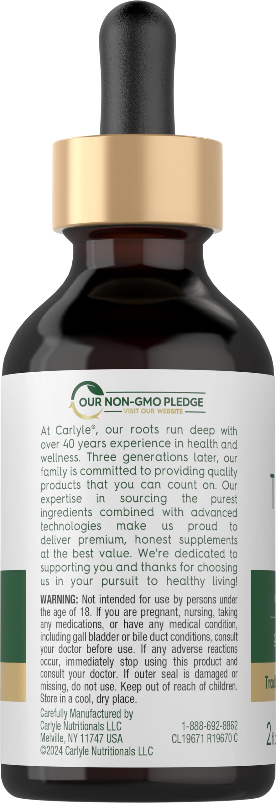 Carlyle etiqueta con información de ingredientes y certificaciones visibles