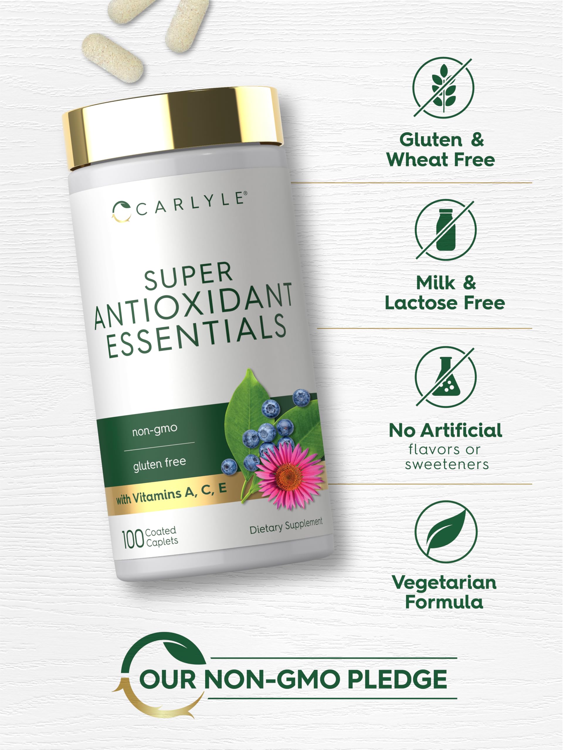 Carlyle etiqueta nutricional con lista de vitaminas y garantías de calidad