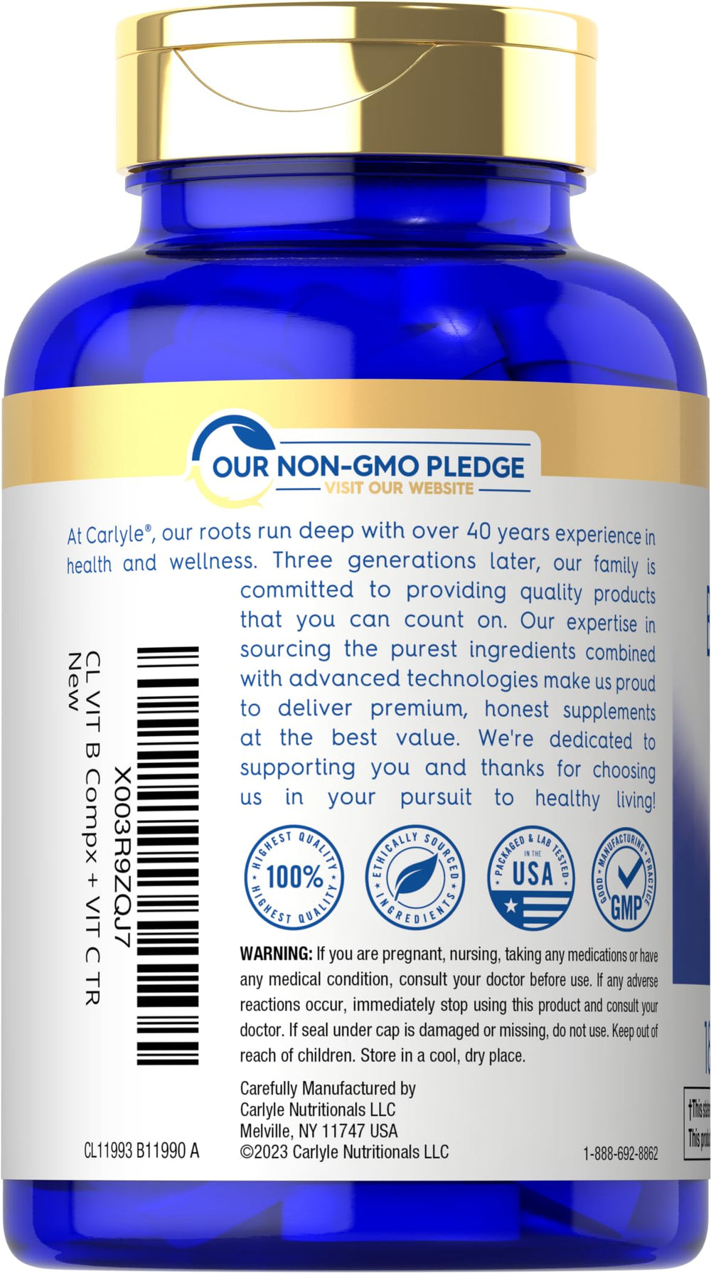Carlyle etiqueta nutricional legible con detalles de vitaminas y transparencia en ingredientes