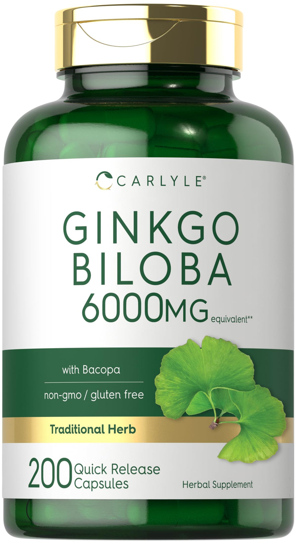 Carlyle frasco delantero con ginkgo y bacoba mostrando el envase, confianza y duración