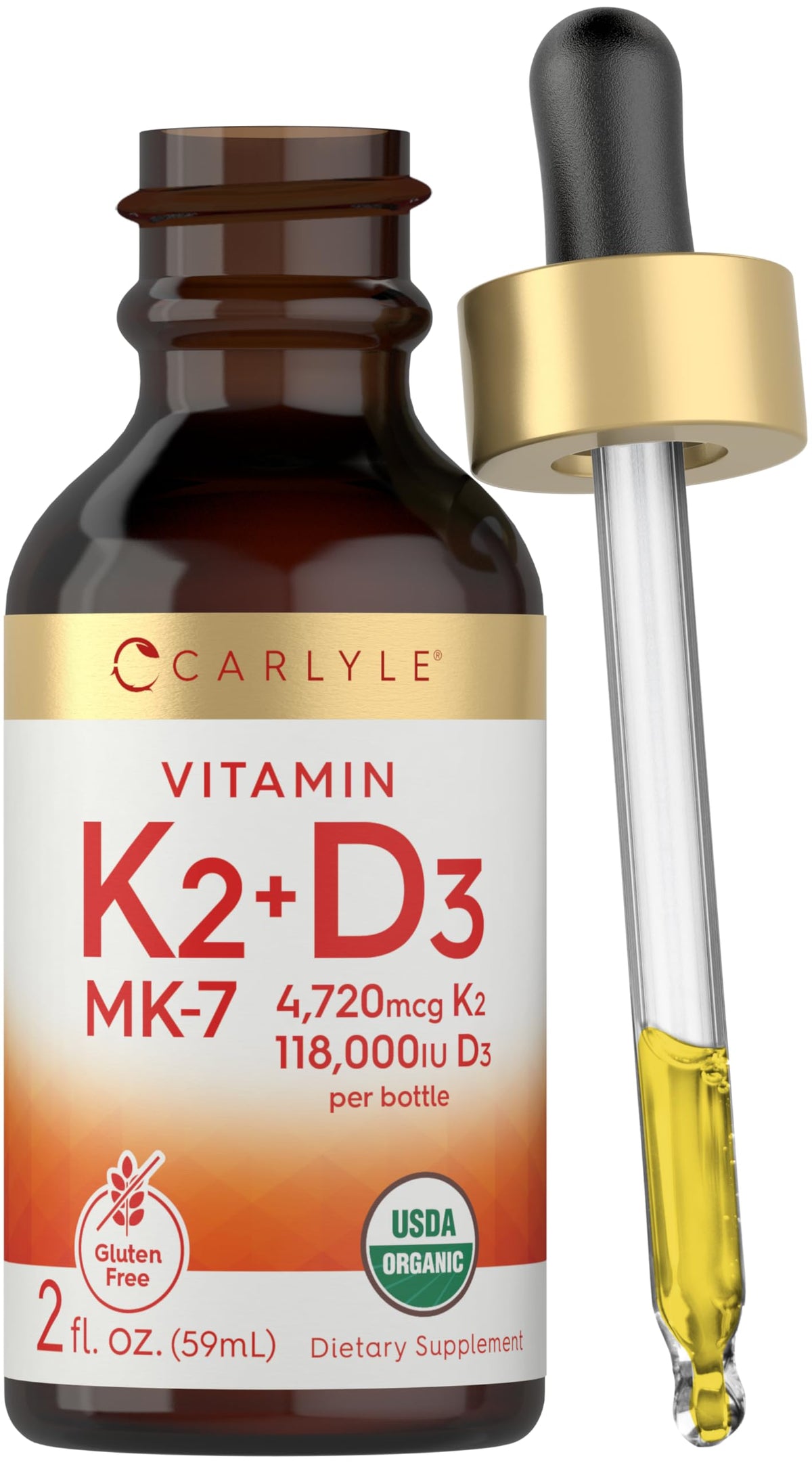 Carlyle frasco delantero de Vitamin D3 K2 Drops mostrando marca y formato, práctico y compacto