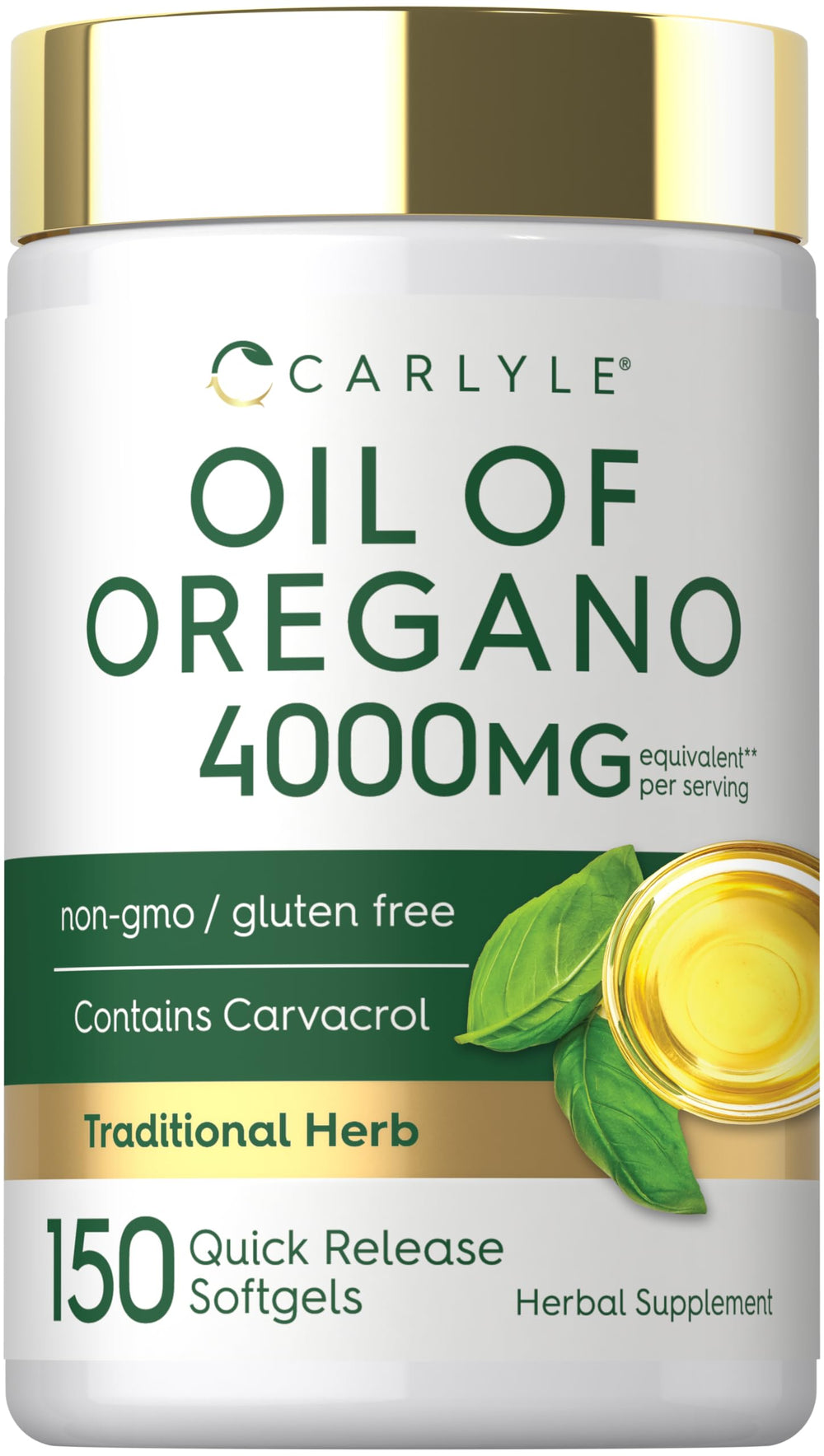Envase frontal Carlyle Aceite de Orégano, presentación de 150 cápsulas y garantía de pureza