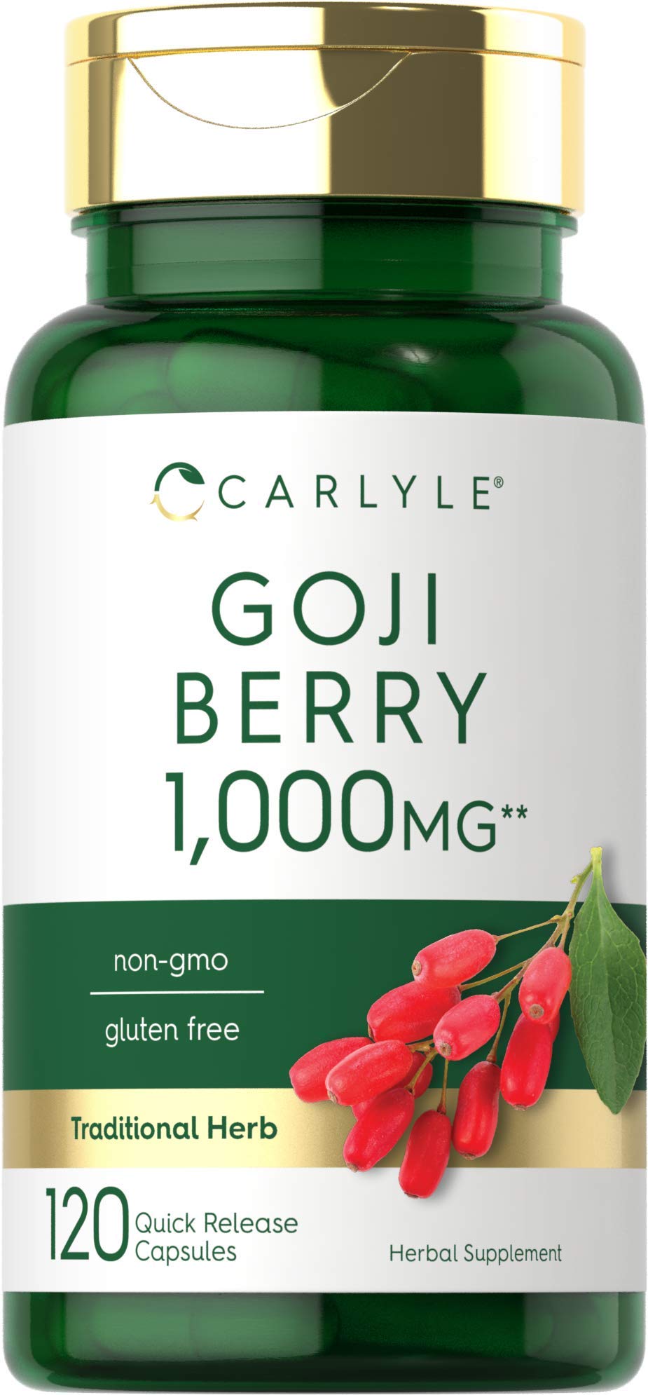 Carlyle frasco frontal de Goji Berry 120 cápsulas muestra presentación y cantidad