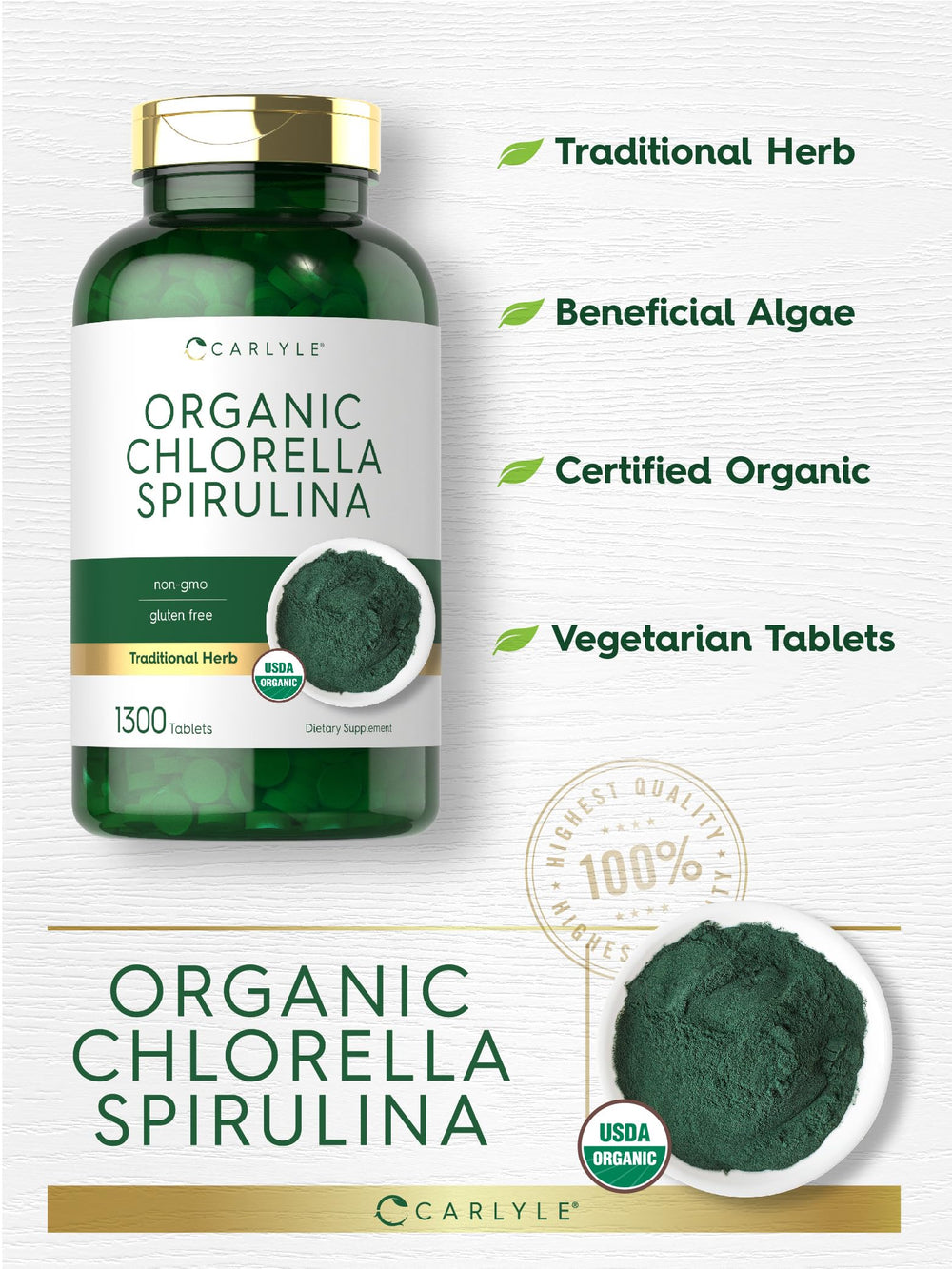 Carlyle primeros planos de polvo de spirulina y chlorella que ilustran origen orgánico