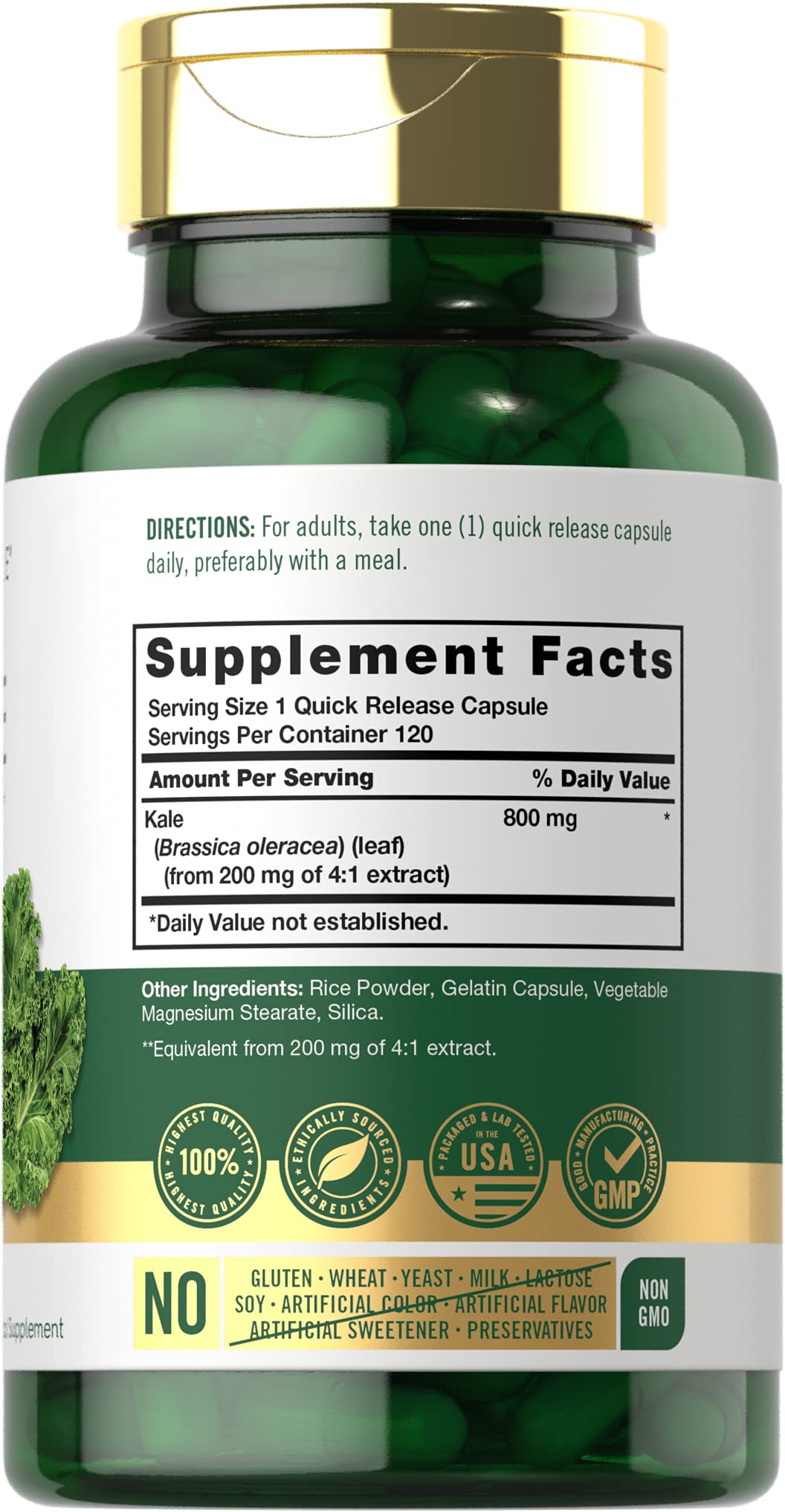 Etiqueta de Carlyle Kale con detalles de ingredientes y calidad del producto