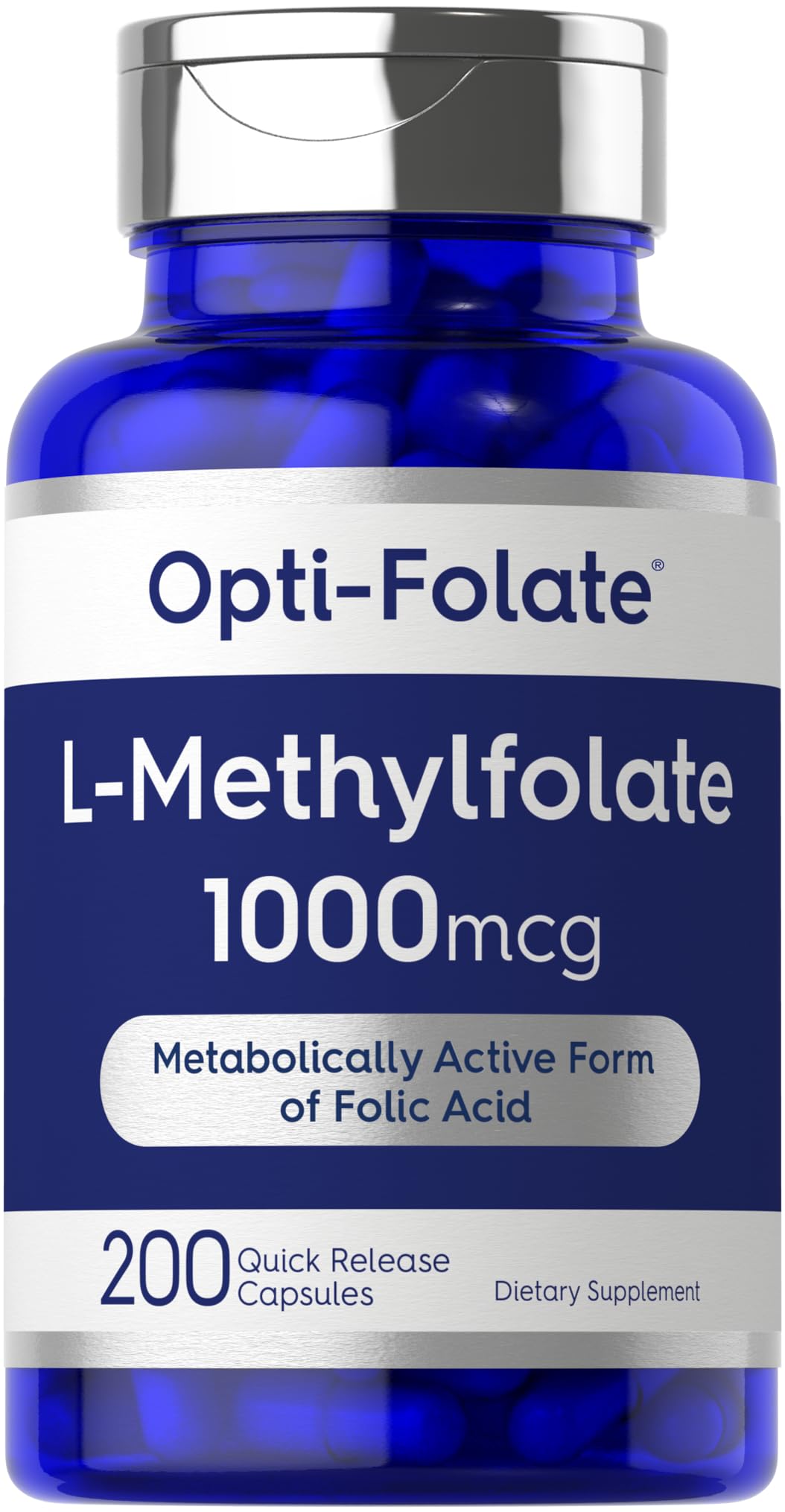 Carlyle frasco frontal del L-Metilfolato 1000 mcg mostrando tamaño valor