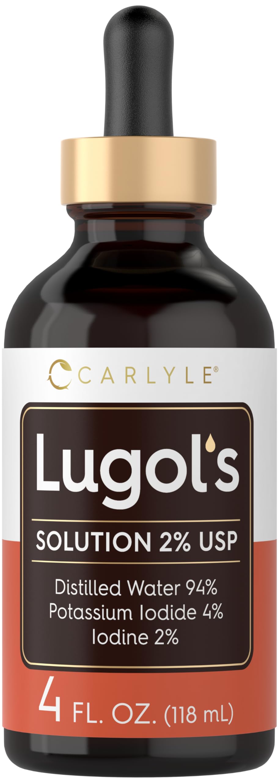 Carlyle frasco frontal de Lugols yodo 2% con gotero, envase claro y profesional