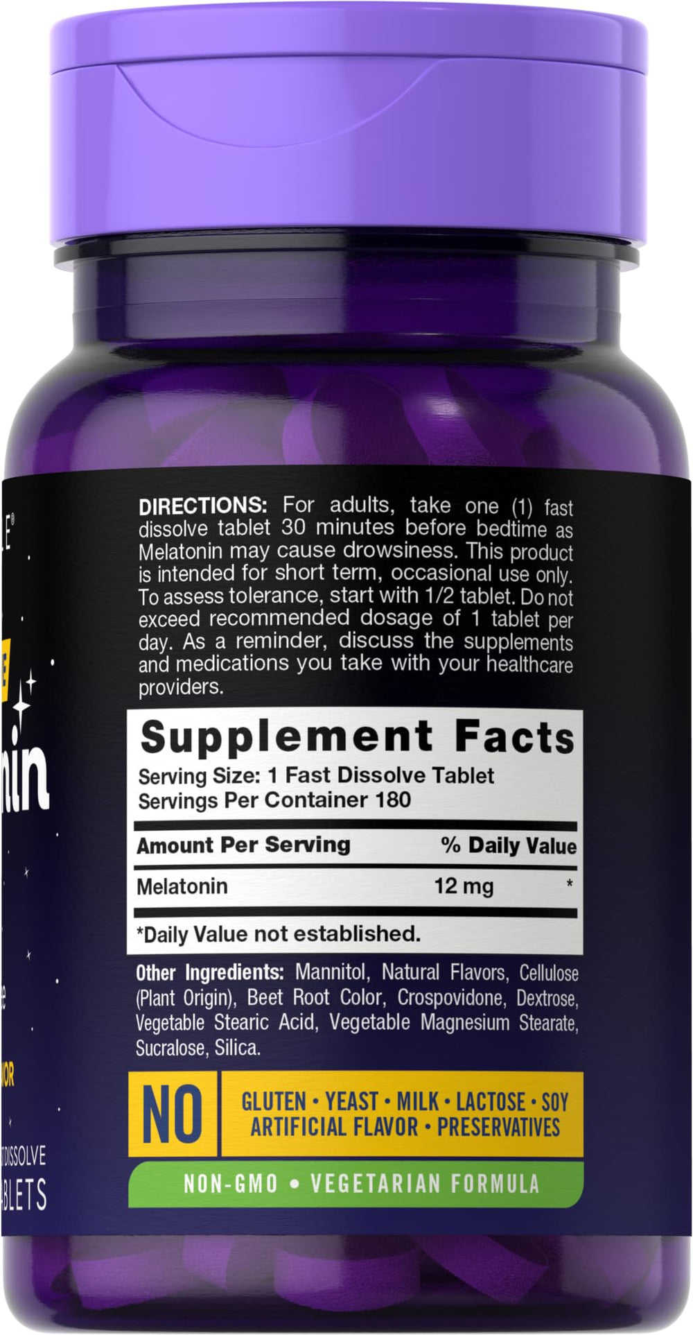 Carlyle melatonin etiqueta con información de ingredientes y garantías