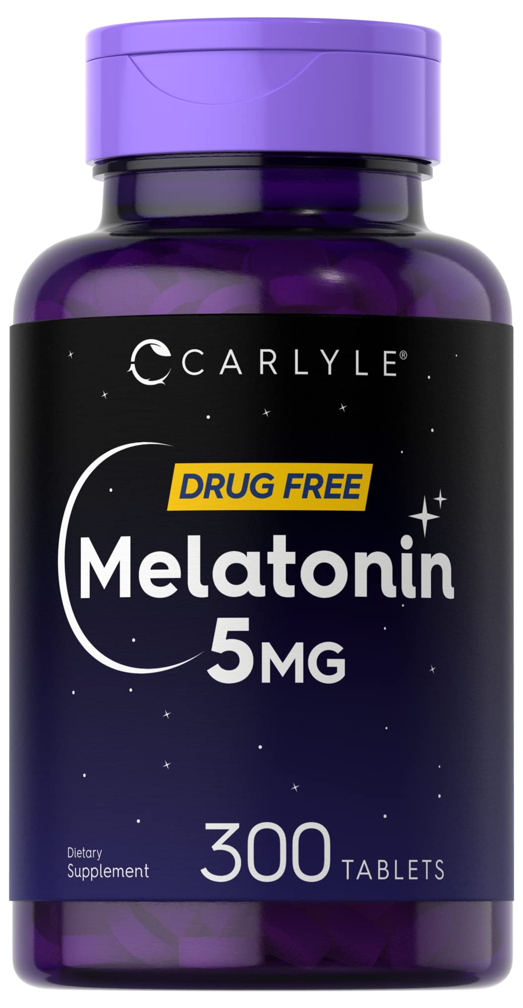 Frasco Carlyle Melatonin 5 mg frontal mostrando el envase y beneficios claros