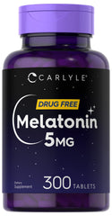 Frasco Carlyle Melatonin 5 mg frontal mostrando el envase y beneficios claros