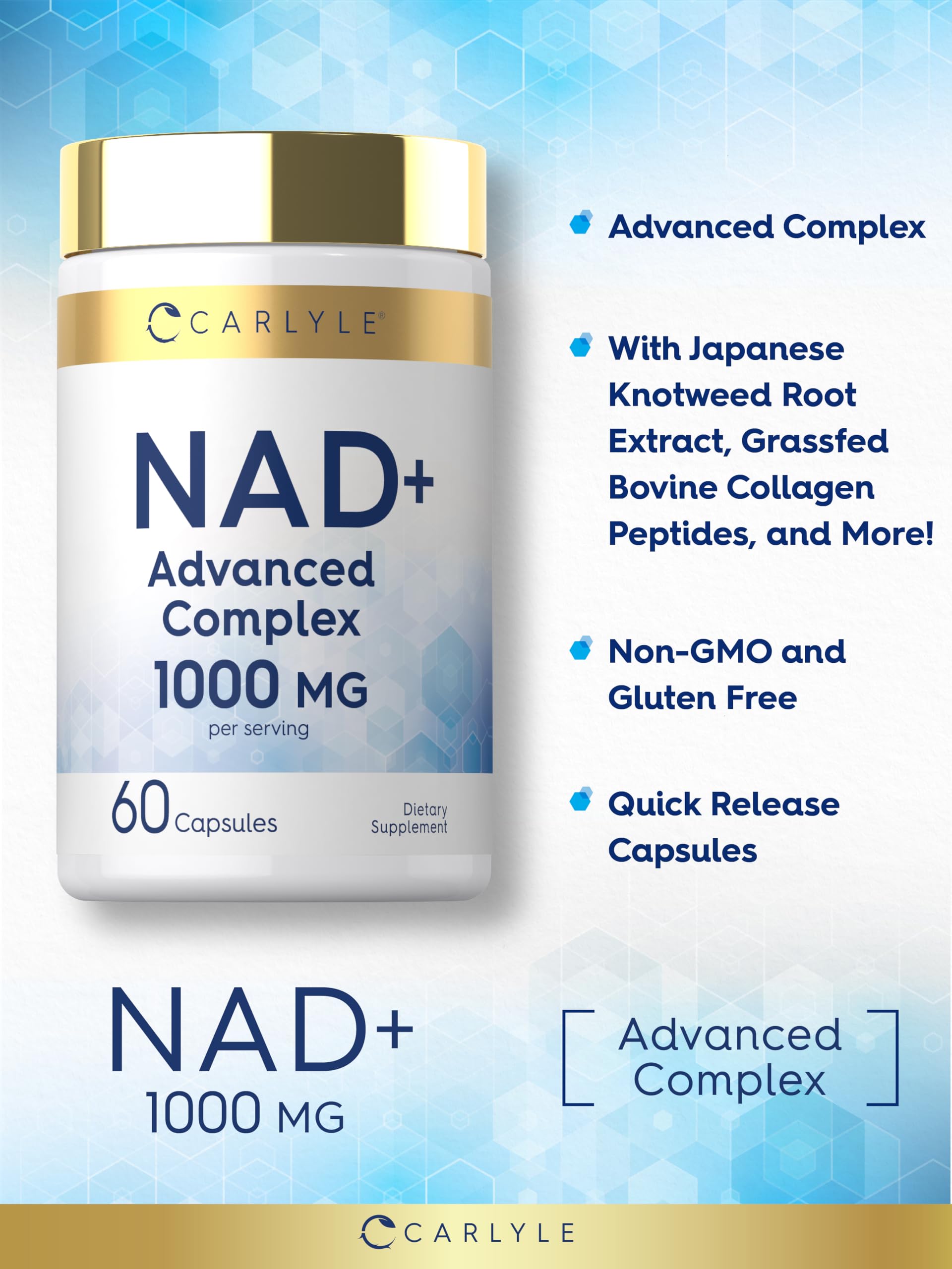 Carlyle etiqueta de ingredientes ampliada con lista de NAD+, resveratrol y colágeno