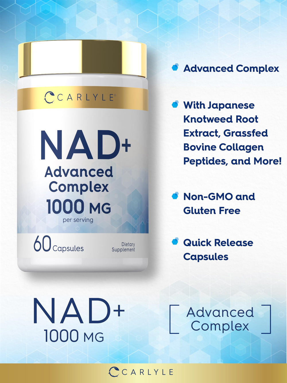 Carlyle etiqueta de ingredientes ampliada con lista de NAD+, resveratrol y colágeno
