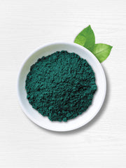 Carlyle mano sosteniendo polvo de spirulina demostrando la fineza y uso