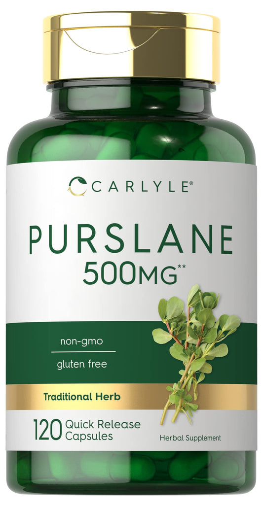 Carlyle Purslane Capsules bottle front shows a 120-count non-GMO, gluten-free supplement.