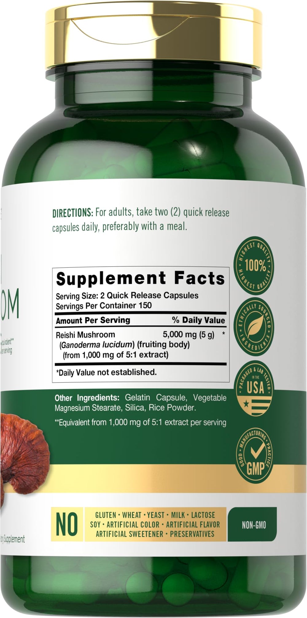 Carlyle reishi etiqueta detallada con ingredientes y garantía de calidad