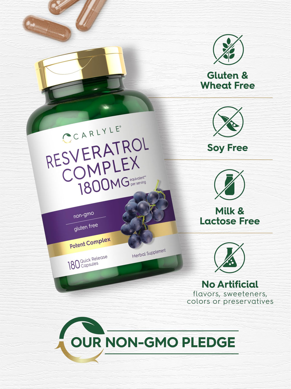 Frasco de Carlyle Resveratrol Complex comparado con smartphone para ver escala práctica