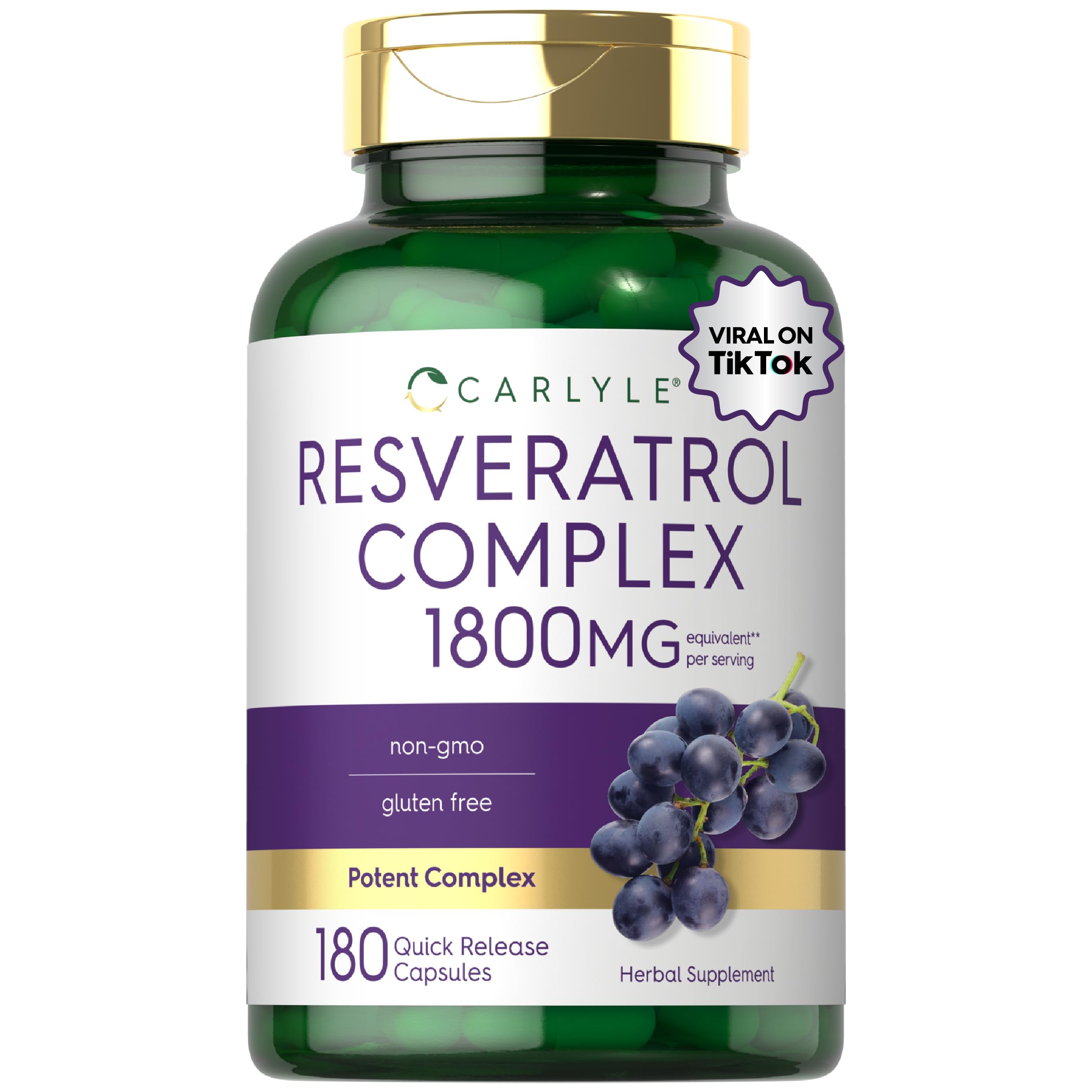 Envase Carlyle Resveratrol Complex al frente mostrando presentación y cantidad beneficiosa