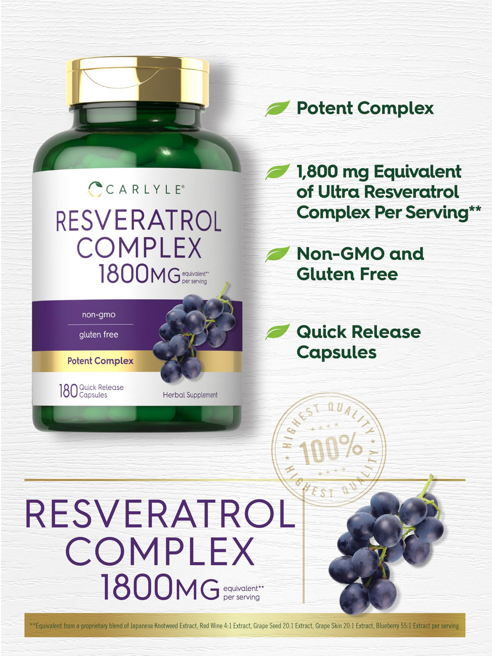 Frasco de Carlyle Resveratrol Complex junto a vaso de agua en mesa de desayuno saludable
