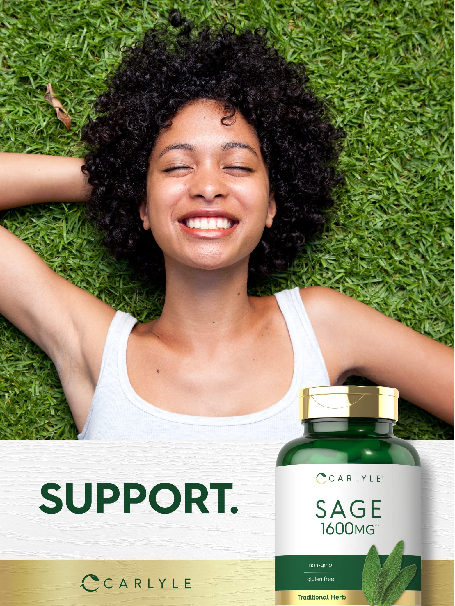 Carlyle hojas de salvia frescas junto al frasco para enfatizar origen vegetal