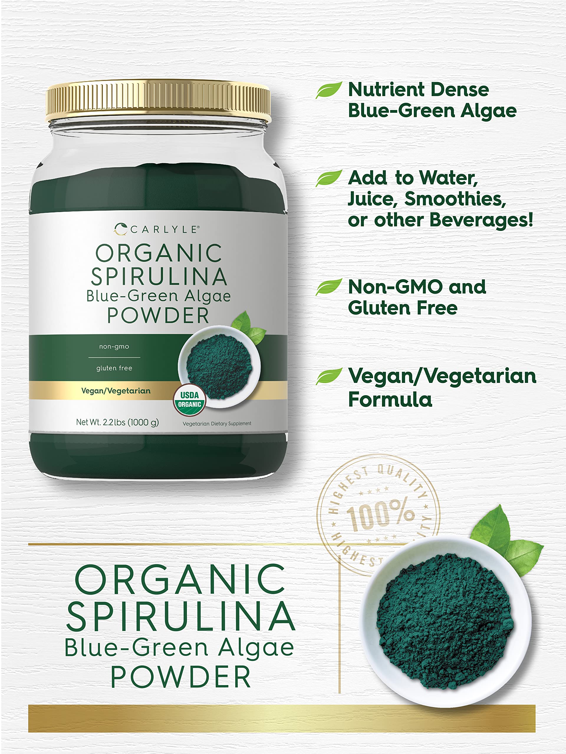 Carlyle spirulina mezclada en batido para un aporte vegetal inmediato