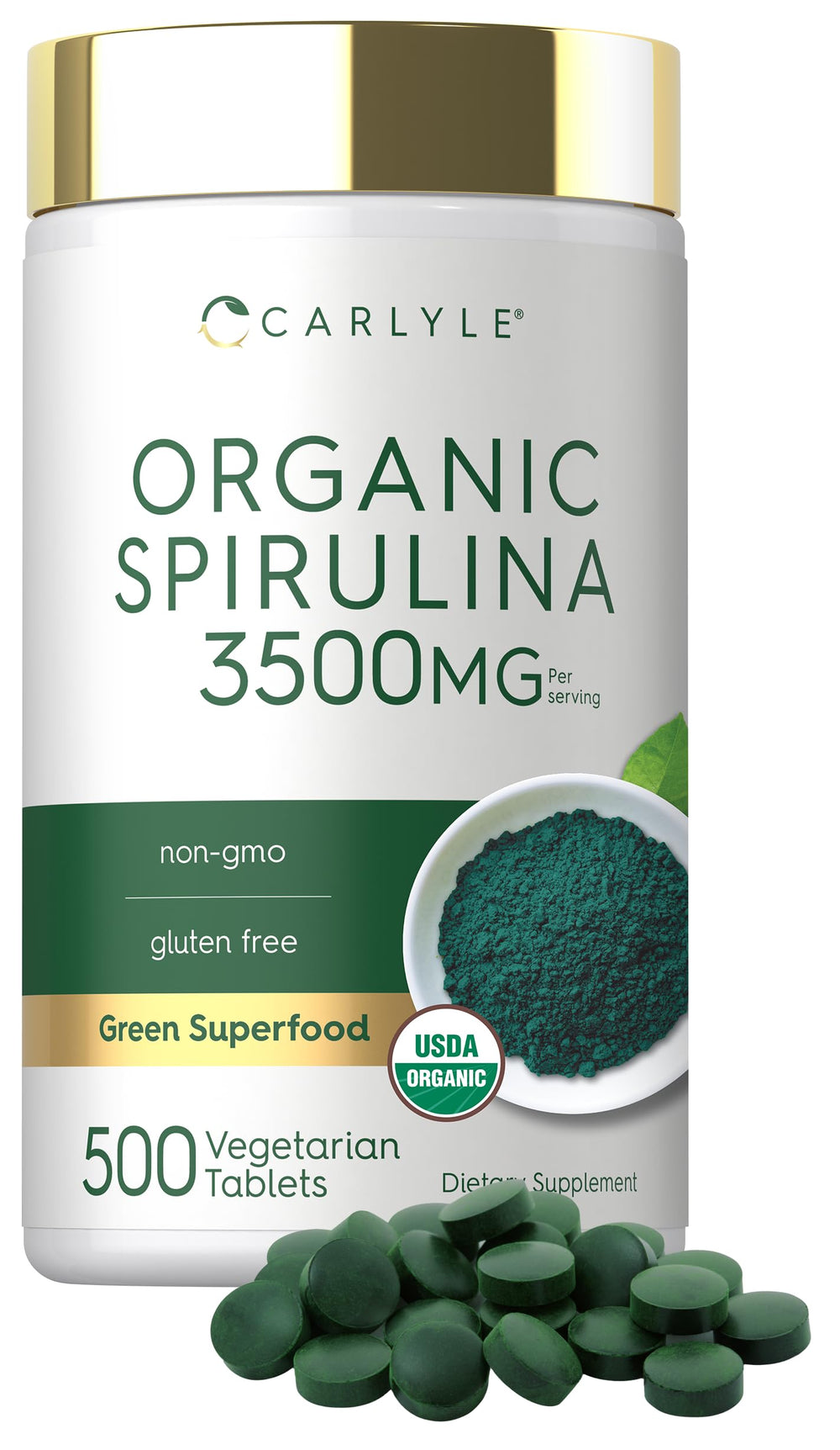 Carlyle spirulina frente del envase mostrando la marca y el volumen, práctica para compras
