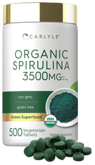 Carlyle spirulina frente del envase mostrando la marca y el volumen, práctica para compras