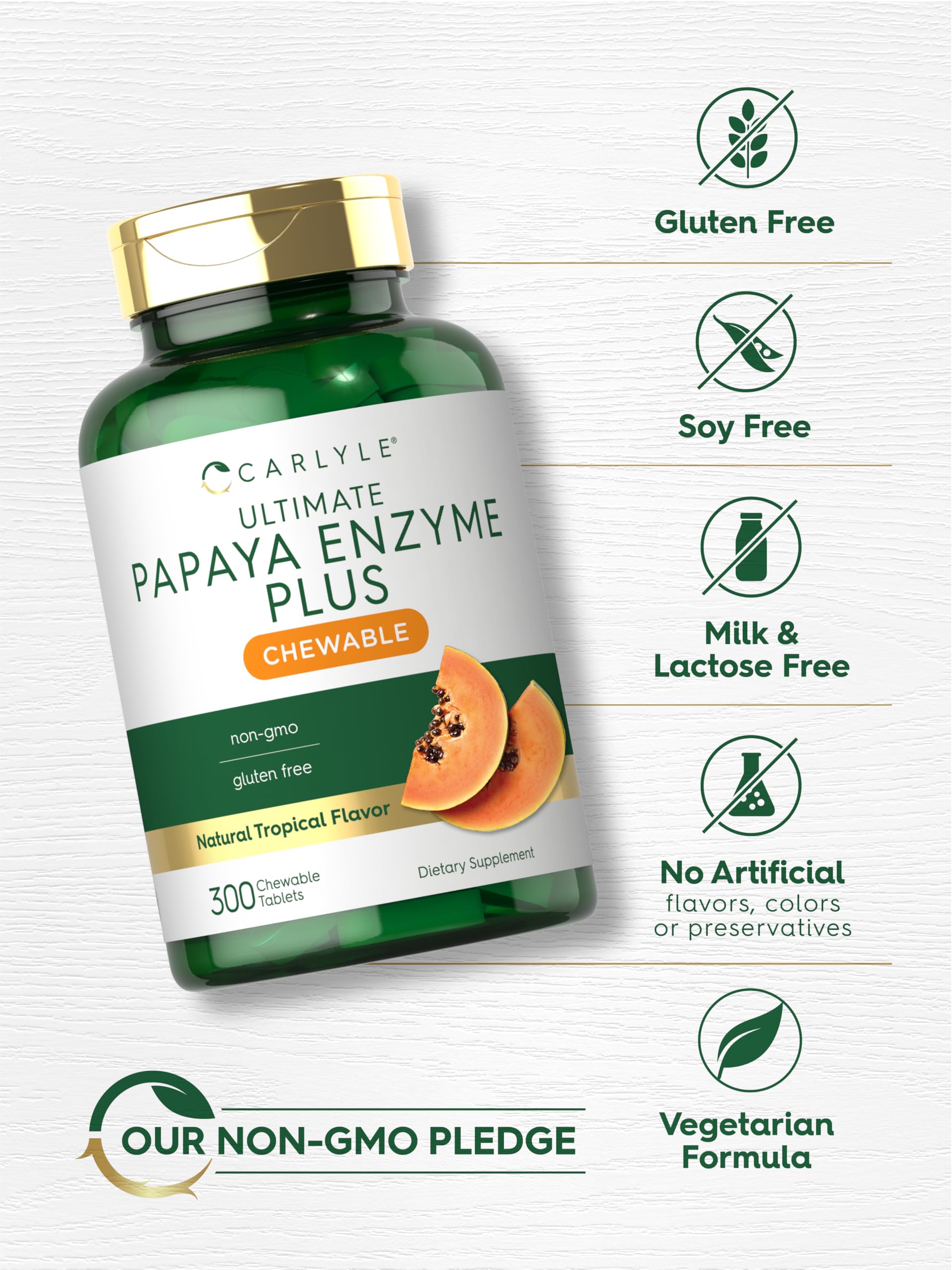 Carlyle tabletas sobre fondo tropical que sugieren sabor papaya