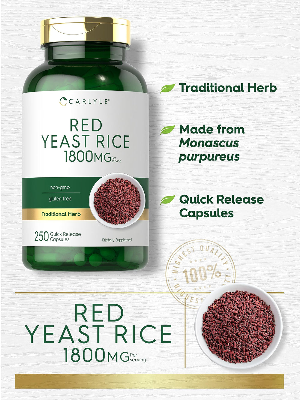 Carlyle polvo de arroz de levadura roja vista cercana que muestra pureza