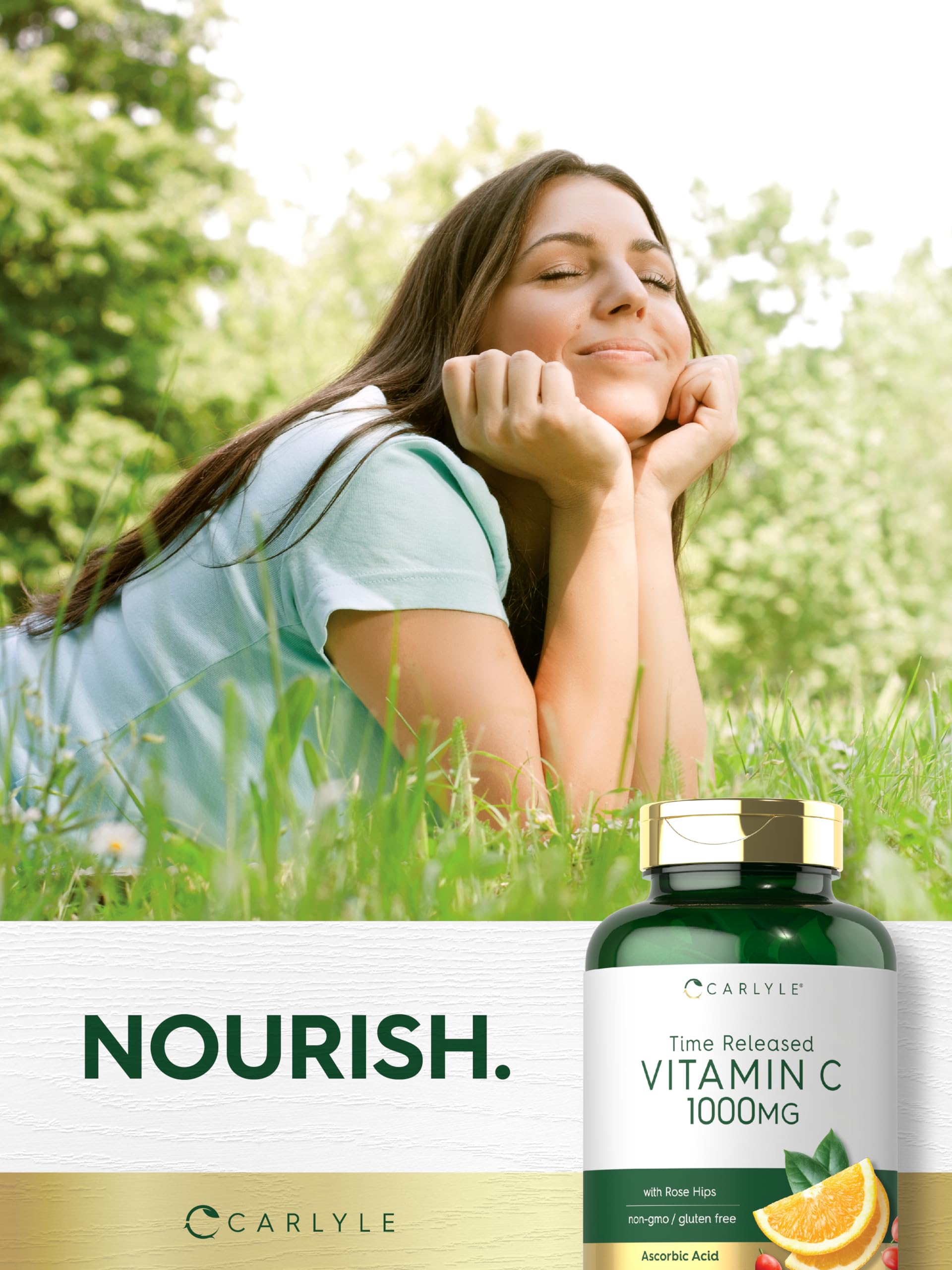 Carlyle rosa mosqueta ingrediente natural junto a caplets en primer plano